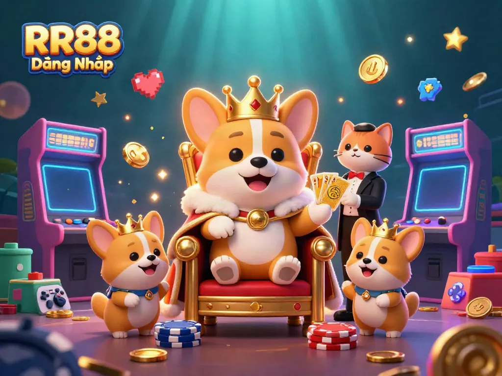 RR88 Đăng Nhập: Experience the lively world of online gaming with animated characters and casino elements.