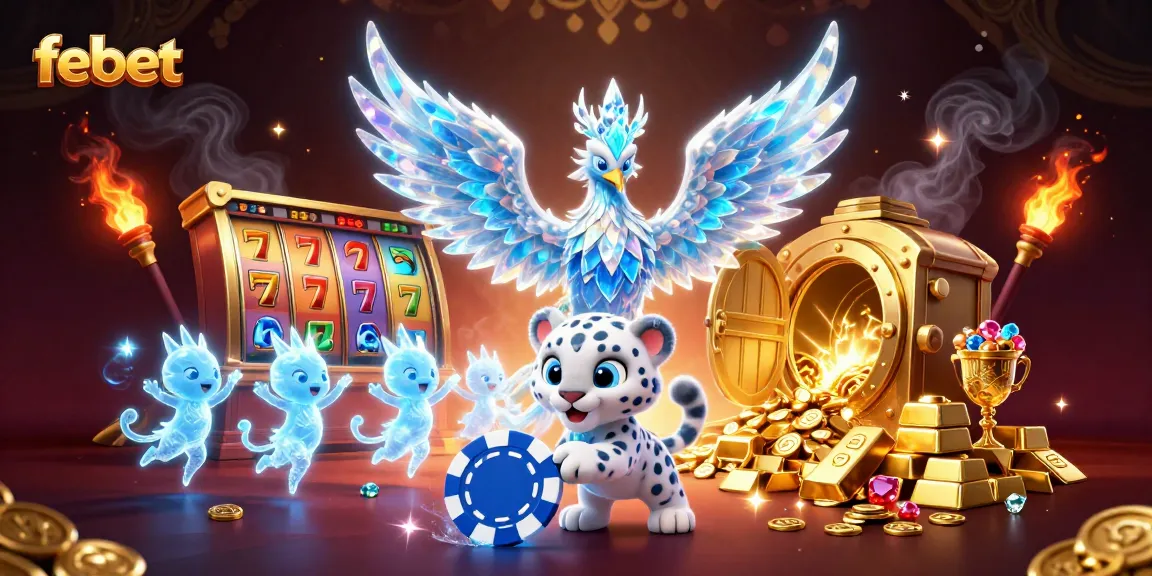 Experience the thrilling game action at febet with a vibrant 3D phoenix and sparkling casino elements.
