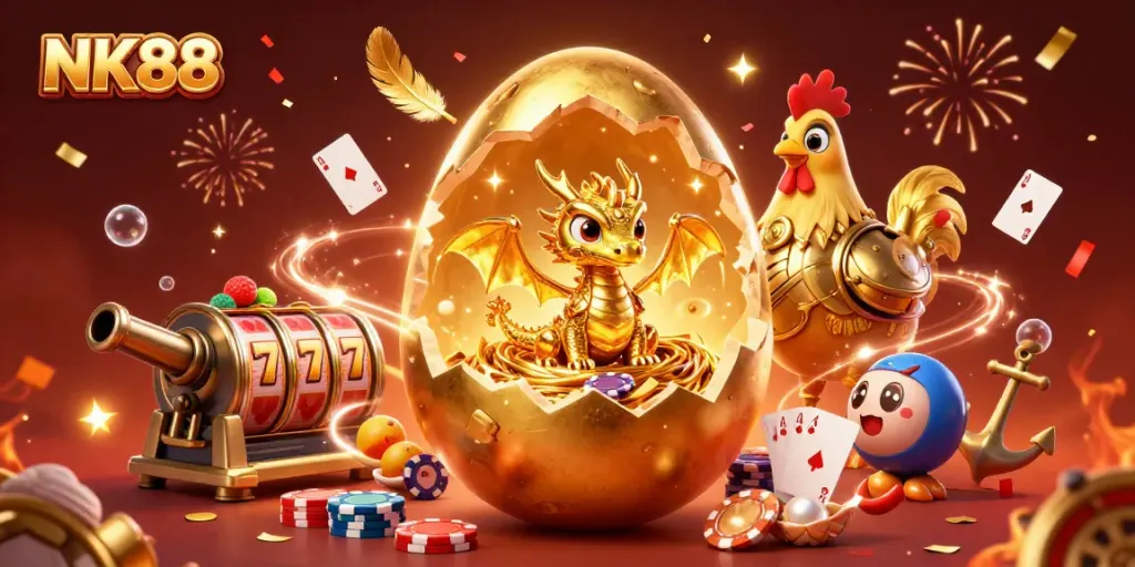 Engage with NK88's thrilling gaming adventure featuring a golden dragon amidst poker chips and casino elements.