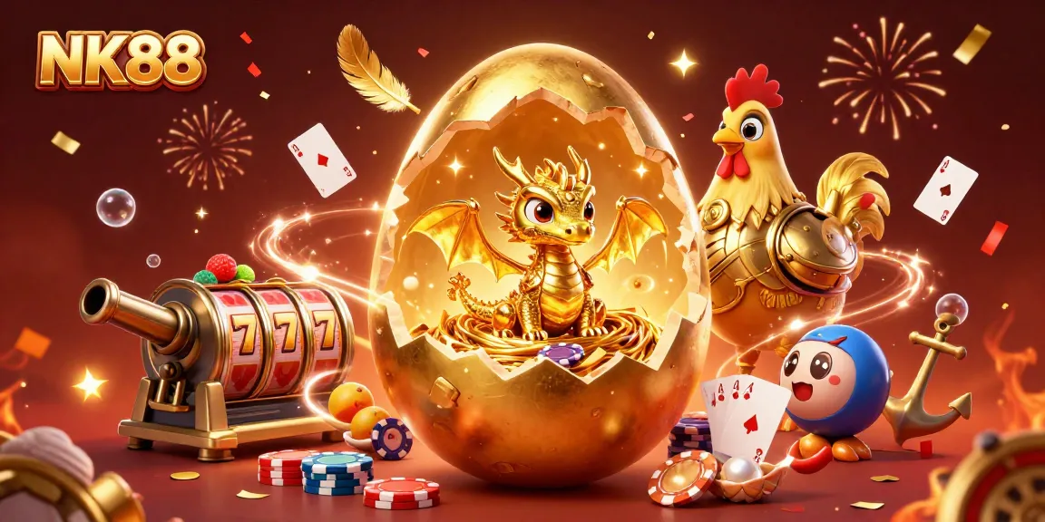 Engage with NK88's thrilling gaming adventure featuring a golden dragon amidst poker chips and casino elements.
