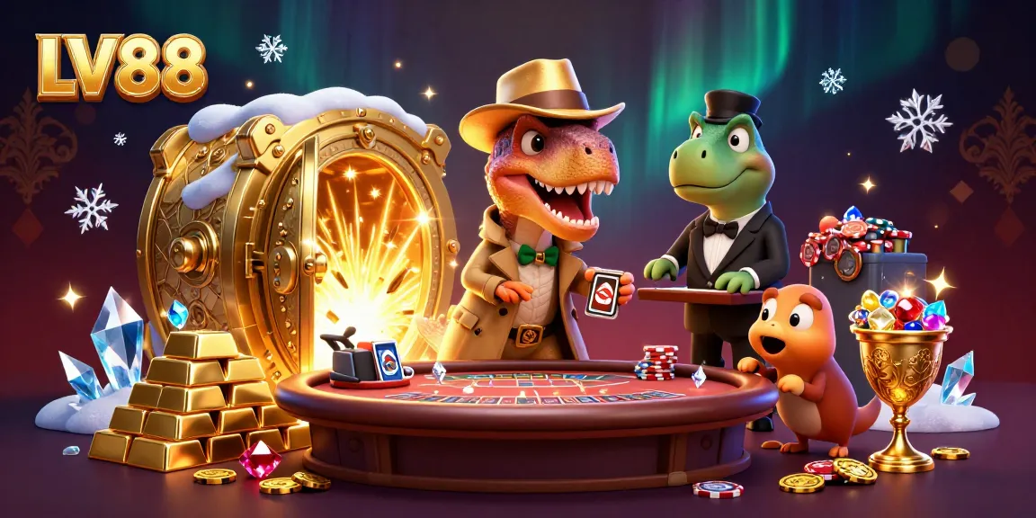 LV88 casino scene showcasing a cartoon velociraptor counting cards at blackjack amid treasures and vibrant elements