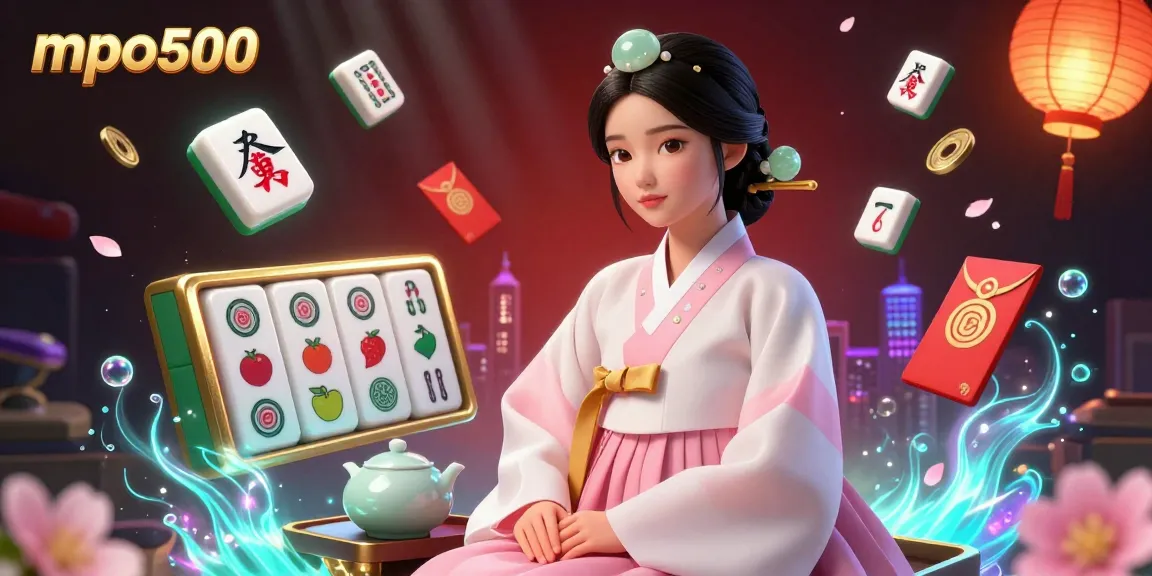 MPO500 highlights thrilling gameplay with a serene Asian woman in traditional attire amidst vibrant gaming symbols.