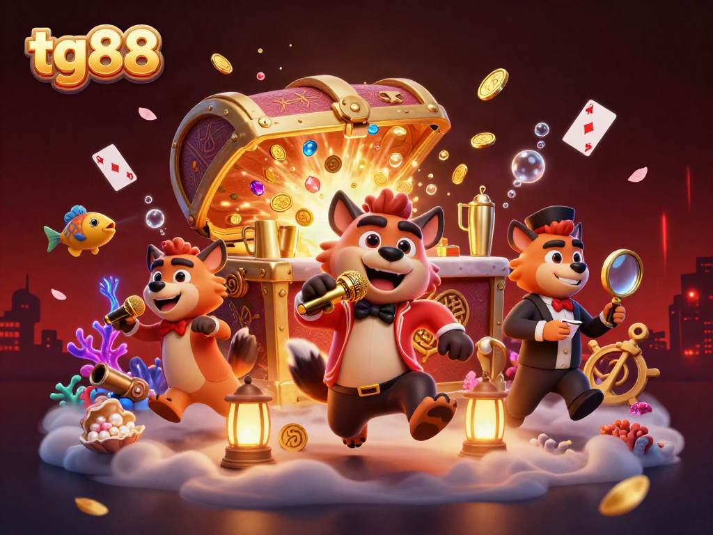 Engaging tg88 casino scene featuring animated hyenas in a comedy club, capturing the thrill of online gaming.