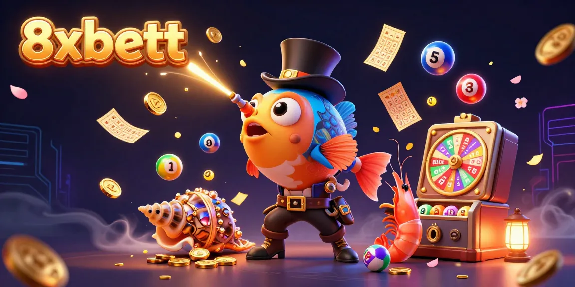 Join the excitement of 8xbett with vibrant lottery elements and animated characters, creating a dynamic casino atmosphere.