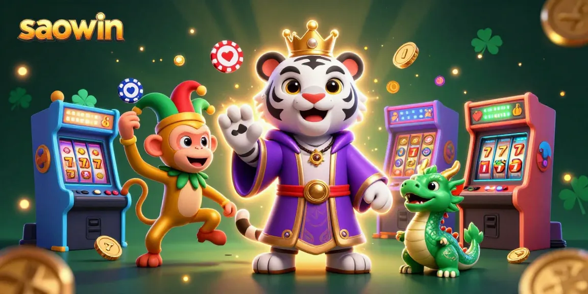 Experience thrilling moments at Saowin's casino with a cartoon tiger, playful monkey, and dynamic game elements.