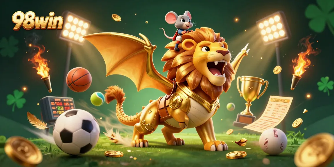 Engage in thrilling betting experiences with 98win's dynamic casino scene featuring golden chimera and sports elements.