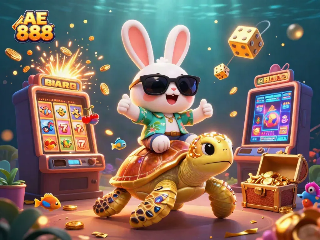 Join the fun with AE 888 as the lucky rabbit rides a turtle amidst a casino-themed explosion