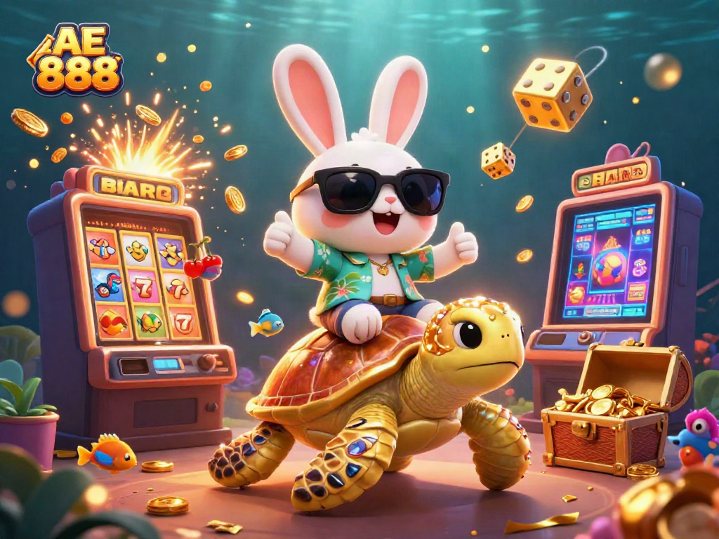 Join the fun with AE 888 as the lucky rabbit rides a turtle amidst a casino-themed explosion