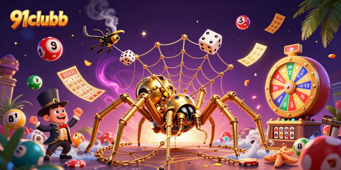 Engage with 91clubb as a golden spider catches dice in a vibrant casino-themed scene.
