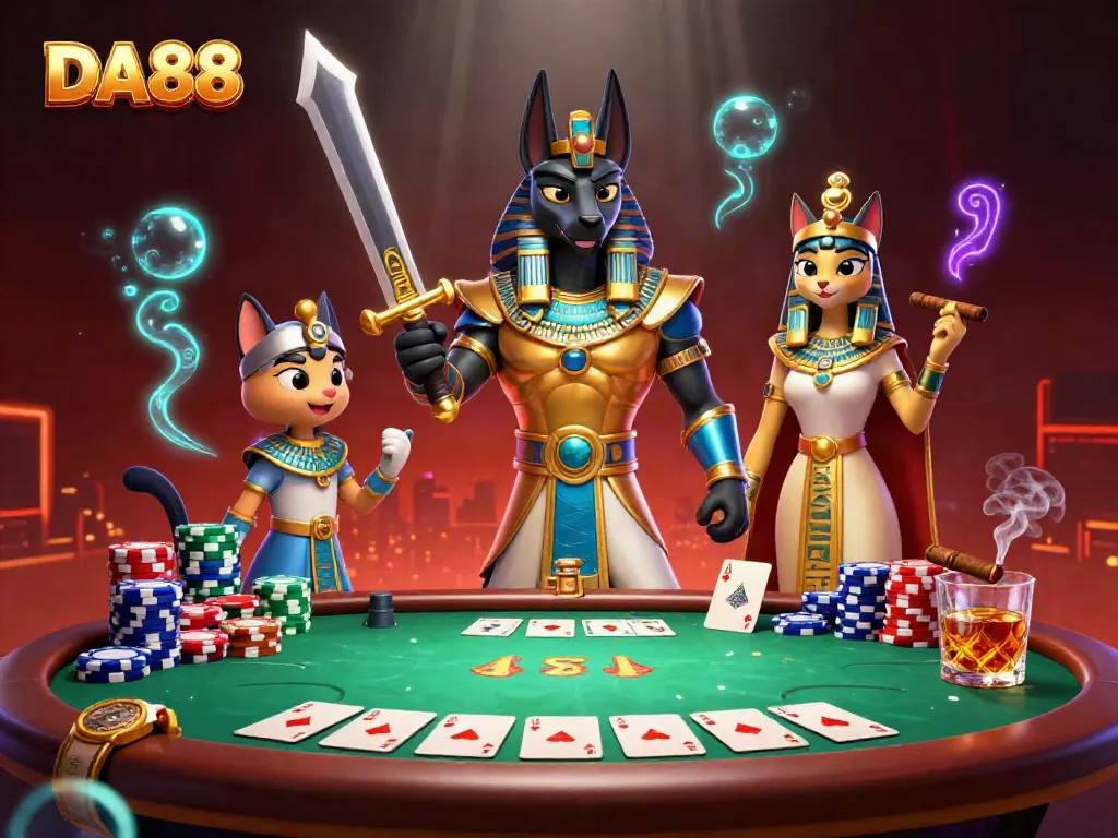 Experience the thrill of DA88 poker with Anubis and Bastet among chips and high-stakes cards.