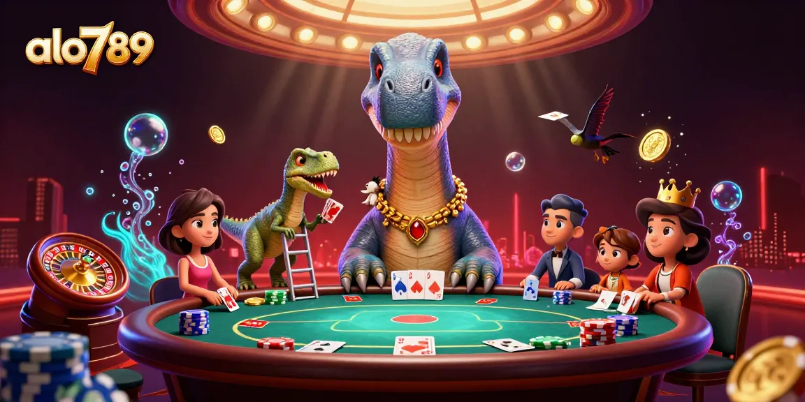 Alo789 offers thrilling poker action with a giant brontosaurus and clever raptor dealer at a vibrant casino table.