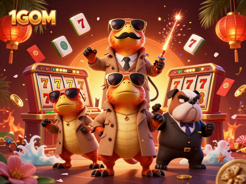 Experience the vibrant world of 1GOM as raptors enter a VIP casino lounge amidst slot reels and festive decorations.