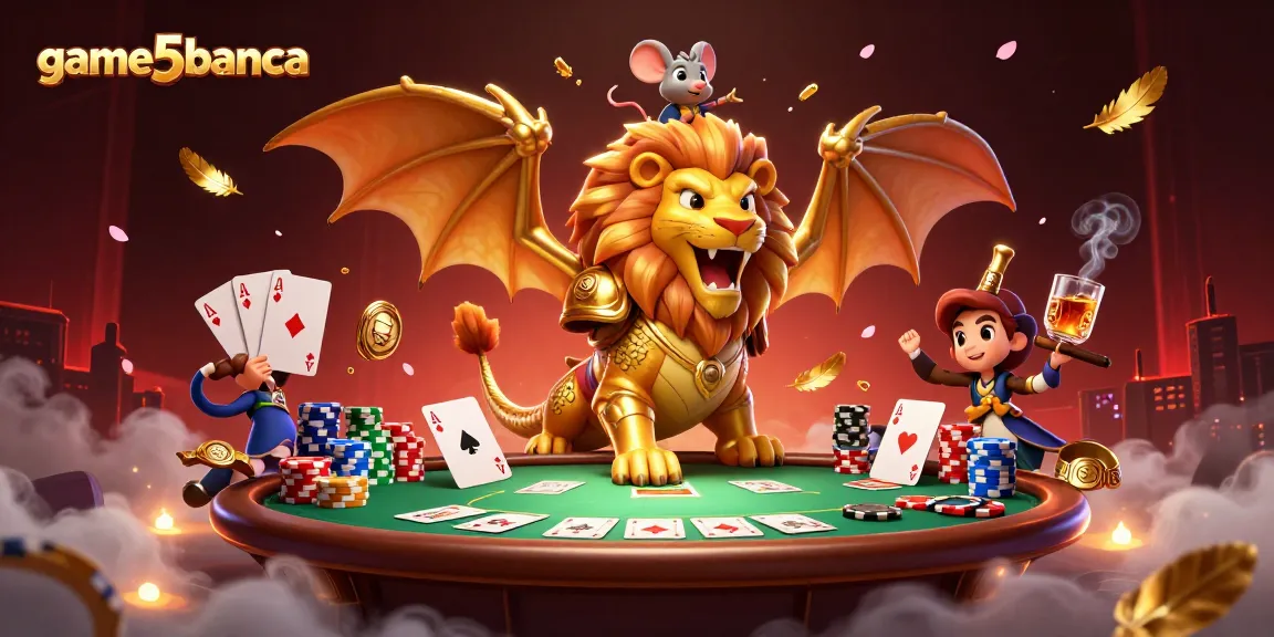 Play thrilling poker at game5banca with a chimera champion roaring over poker chips and cards.
