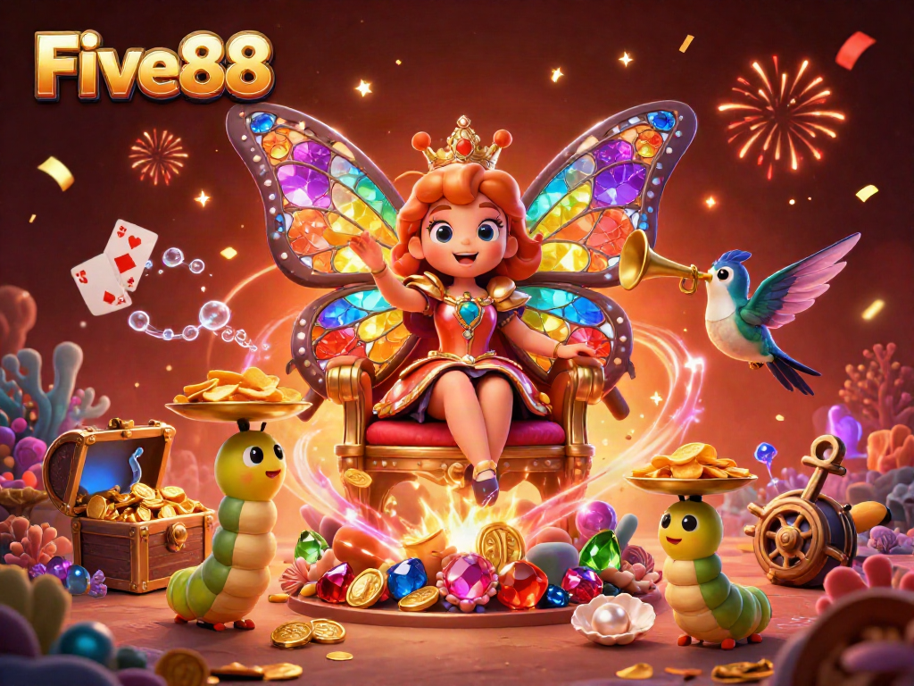 Experience the vibrant excitement of Five88 with a colorful online casino carnival scene.