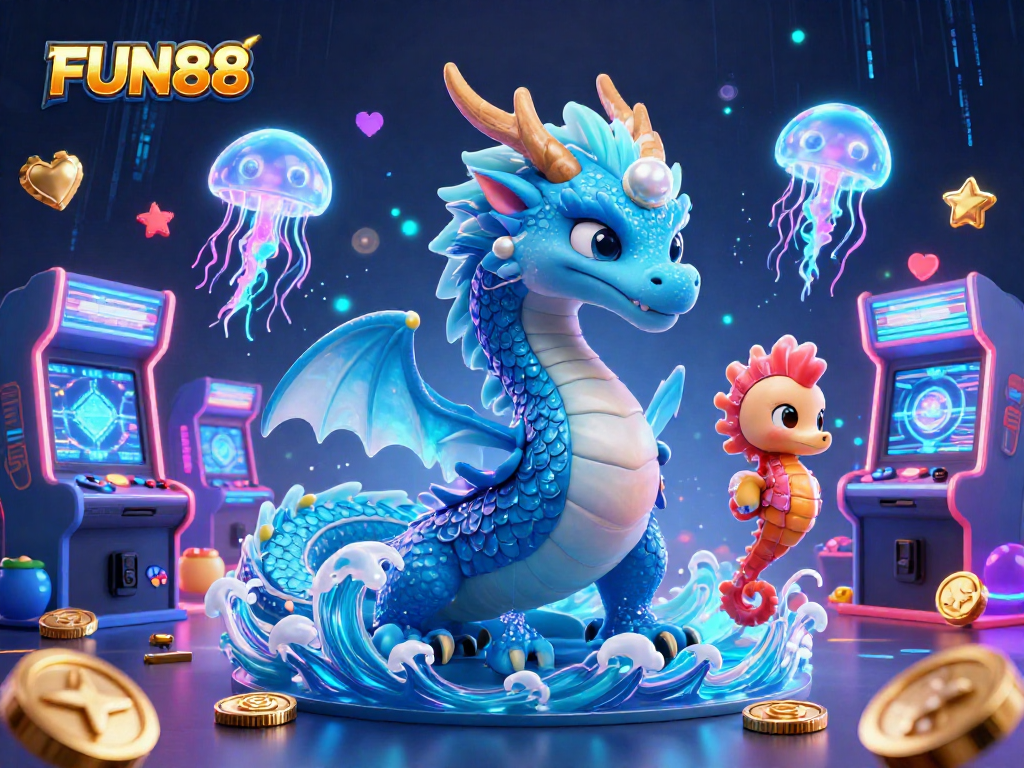 Experience gaming thrills at FUN88 with a vibrant 3D illustration of a dragon, knight, and jellyfish.