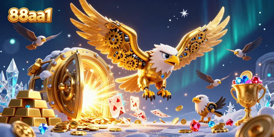 Experience the thrilling world of 88aa1 with a golden eagle diving through playing cards in a casino paradise.