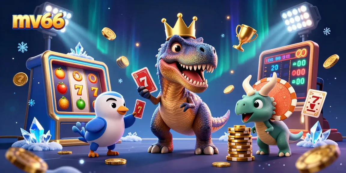 Join the fun with mv66 as a T-Rex shuffles cards while dino friends stack chips at the casino.