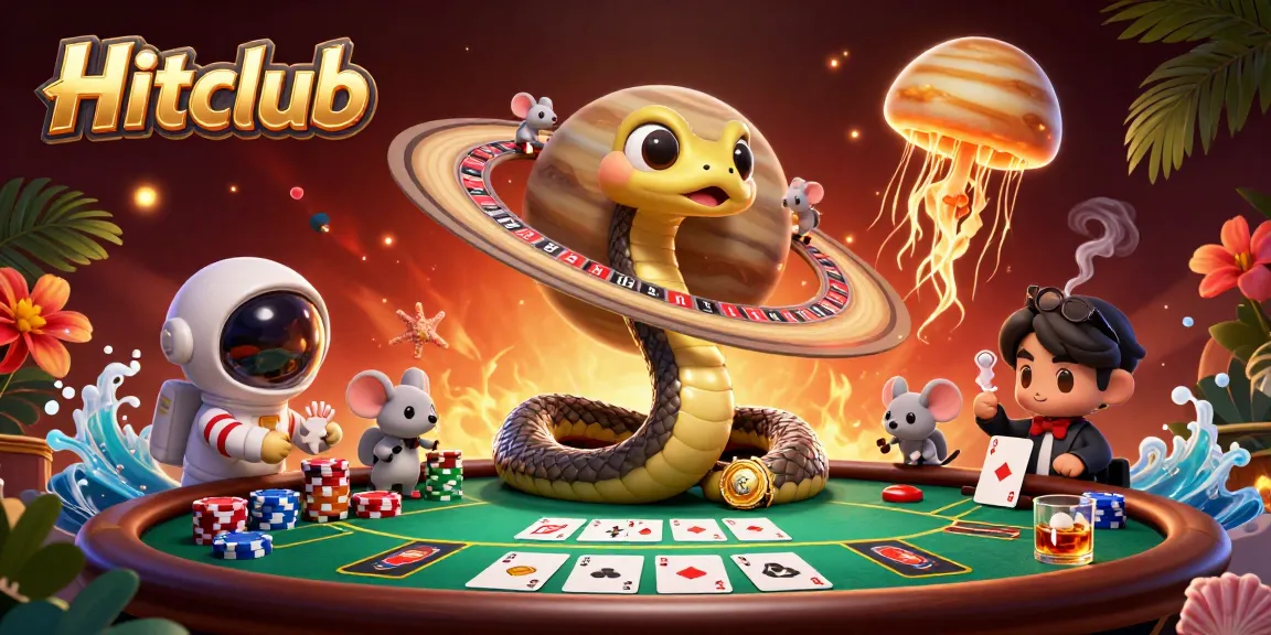 Bet on Hitclub as little astronaut mice play around a cosmic roulette wheel in an enchanting casino scene.
