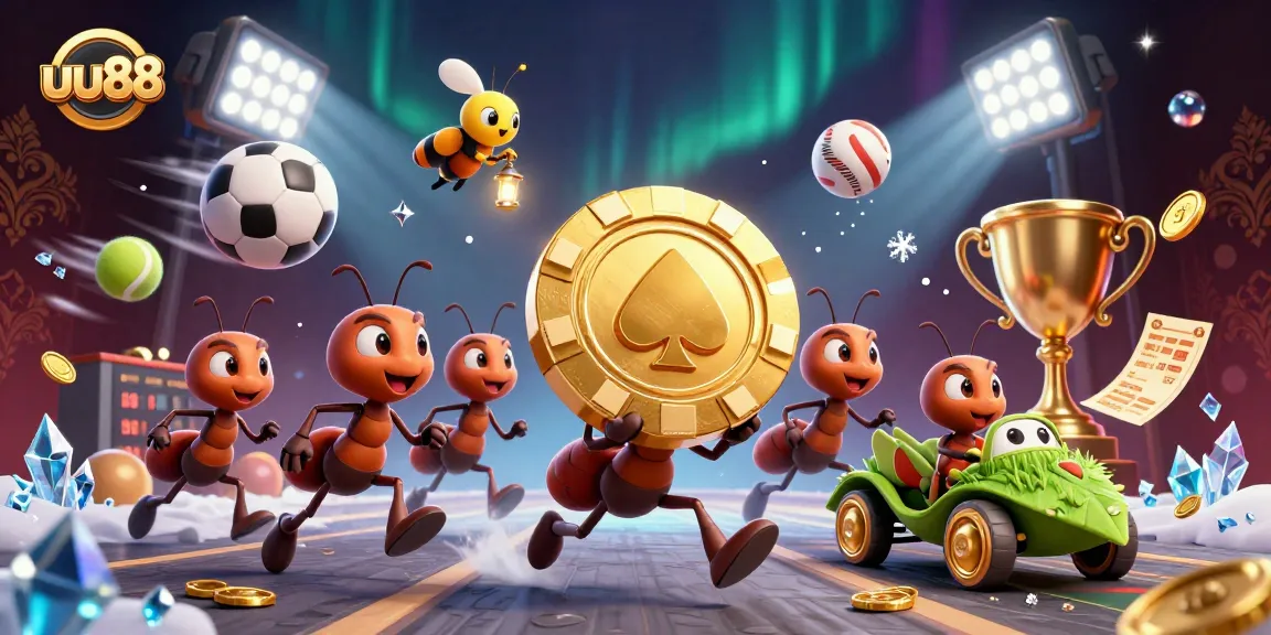 uu88 showcases a dynamic heist scene with ants stealing a massive poker chip amid gambling elements.