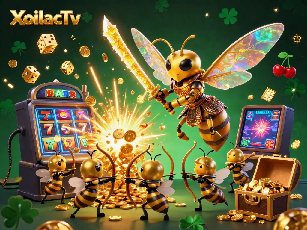 XoilacTv presents a vibrant 3D scene of a giant golden hornet in samurai armor and loyal bee archers amidst an exploding jackpot of coins and casino symbols.