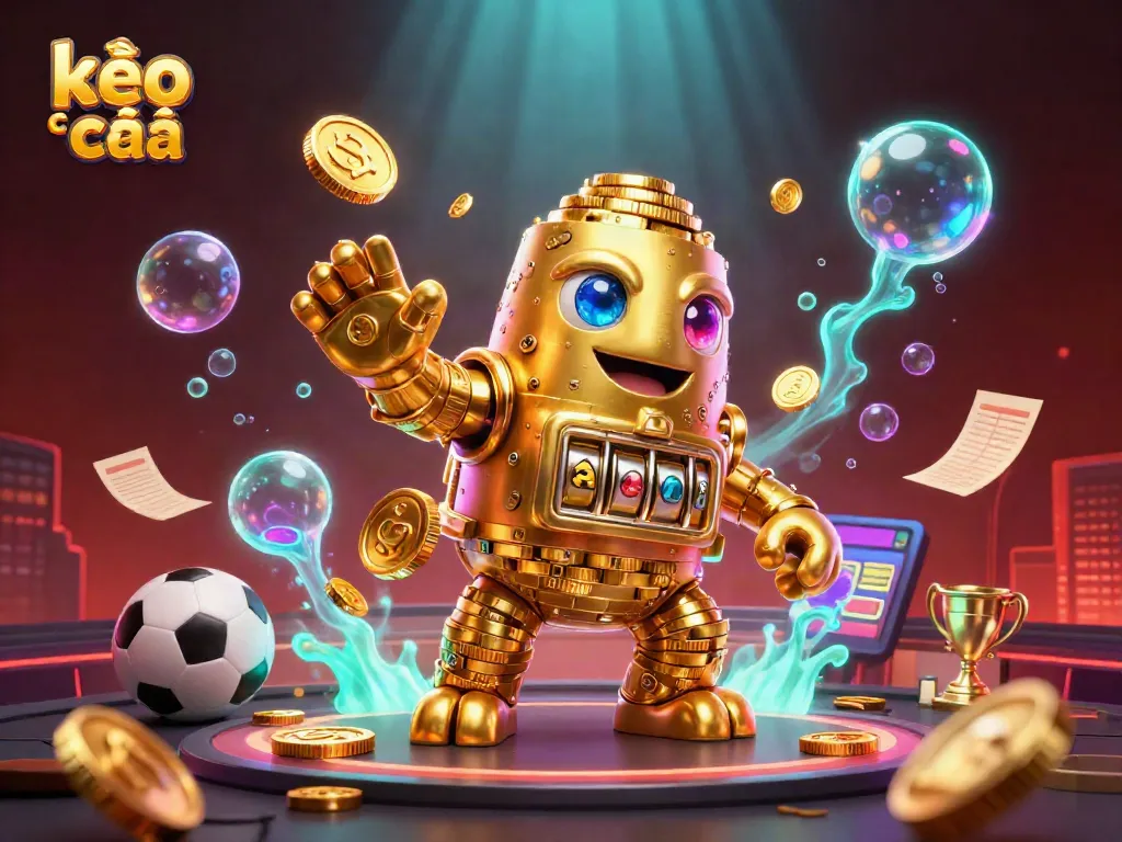 Experience the excitement of kèo nhà cái with a dynamic illustration showcasing sports elements and a golden golem.