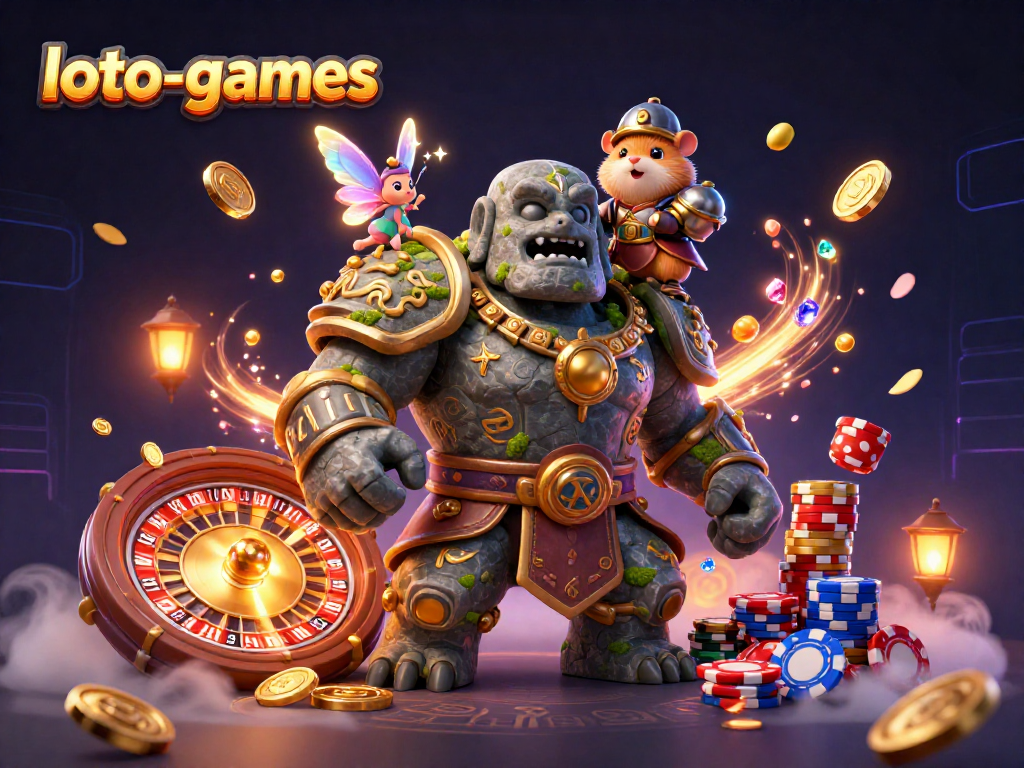 Engage with loto-games featuring a magical golem, fairy, and hamster knight amid casino excitement.