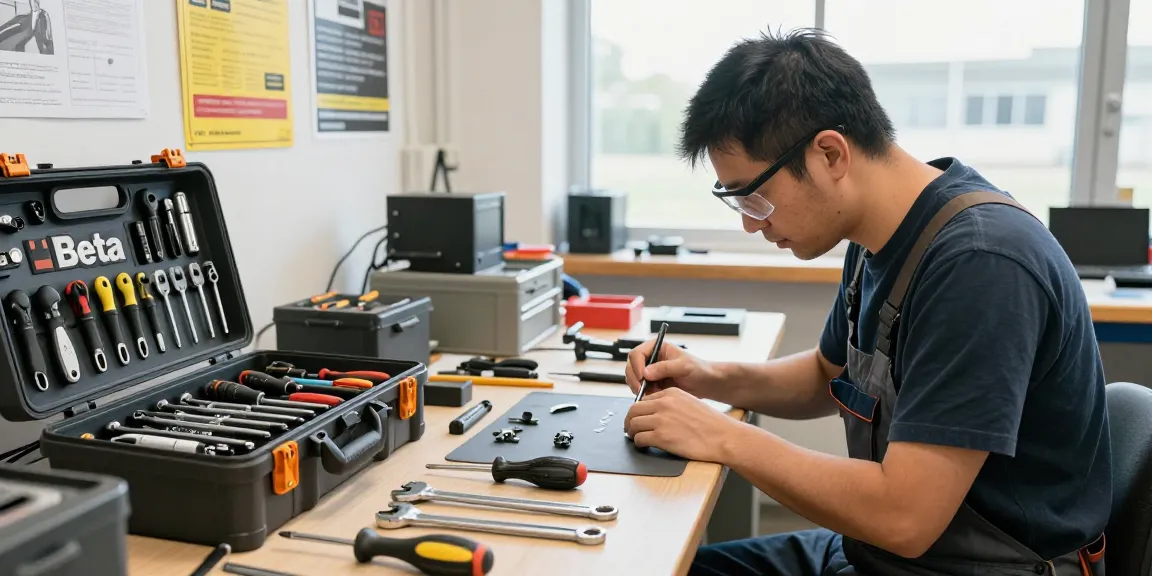 Technician using beta tools on a workshop bench with organized equipment.
