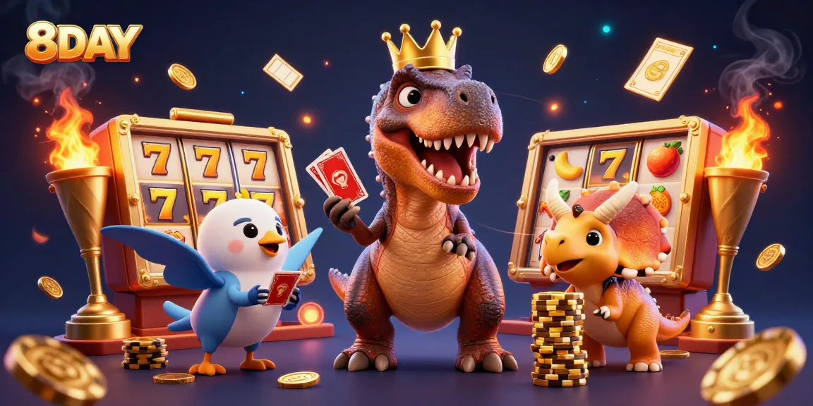 8DAY captures a playful T-Rex and friends enjoying a slot machine experience with vibrant casino elements.