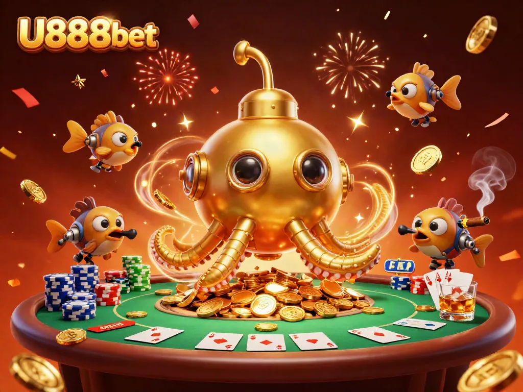 U888bet showcases a vibrant casino scene with a golden kraken submarine among poker elements and confetti.