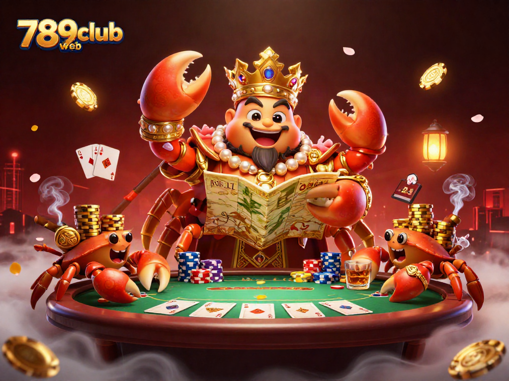 Engage with the thrilling atmosphere of 789club web featuring a golden crab emperor and colorful poker elements.