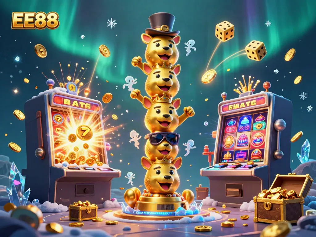 Spin the reels of EE88 for a thrilling jackpot experience among vibrant casino elements.