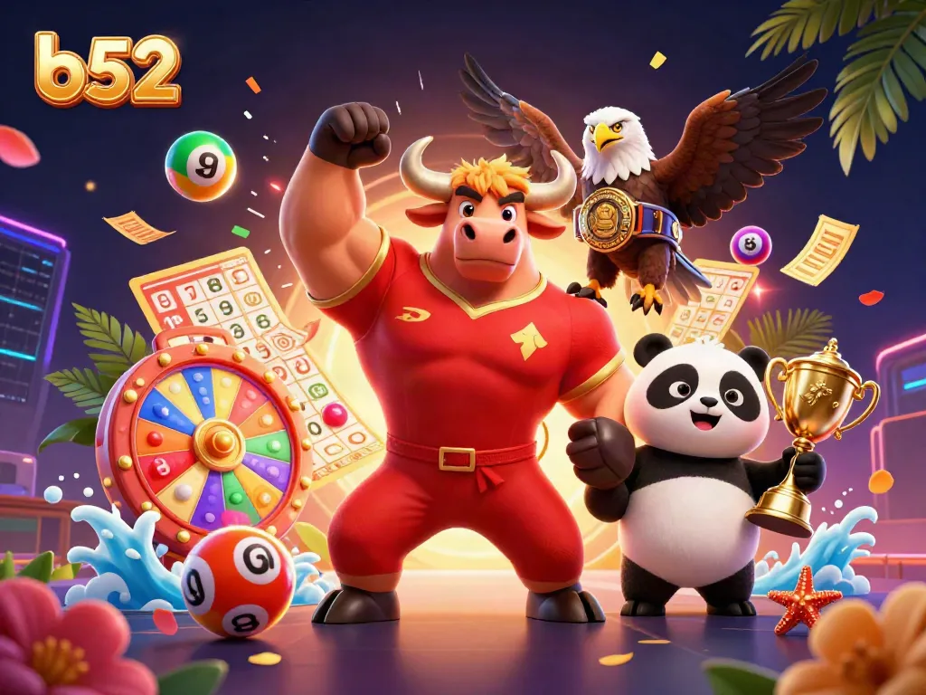 Engage with the vibrant B52 casino scene featuring a bull mascot and eagle celebrating wins with lottery elements.