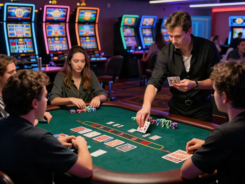 Exciting Blackjack table at 9 bet casino with players and dealer in action.
