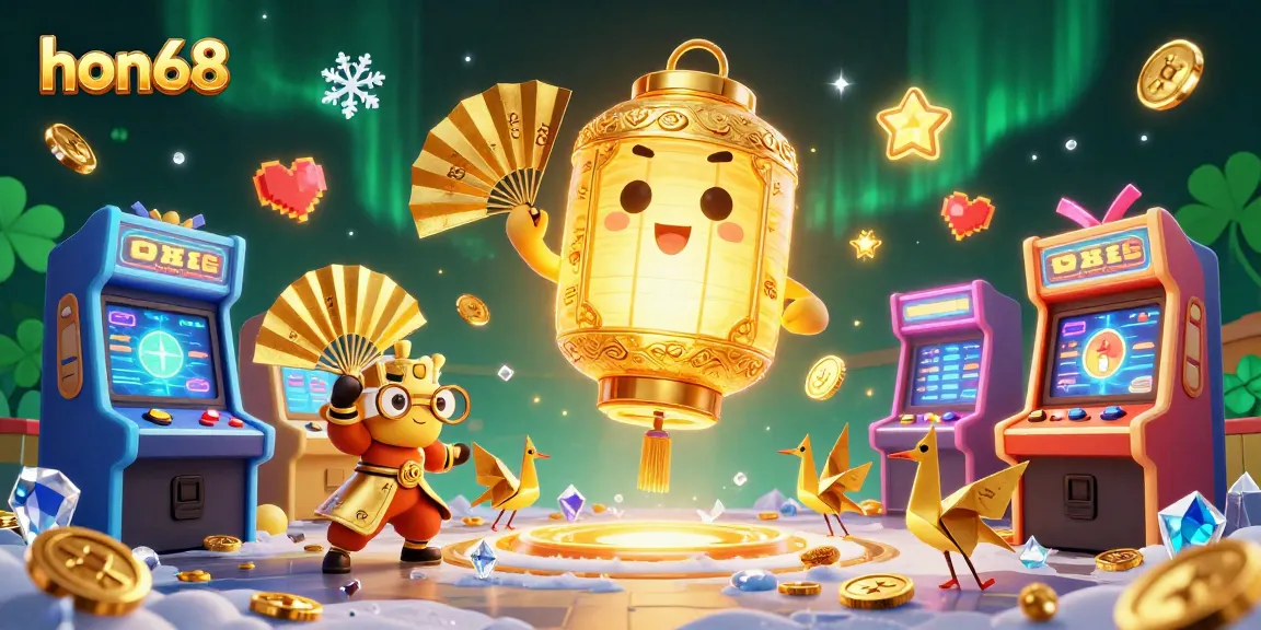 Experience captivating gameplay at hon68 with a luminous golden lantern spirit guiding players in a vibrant casino atmosphere.