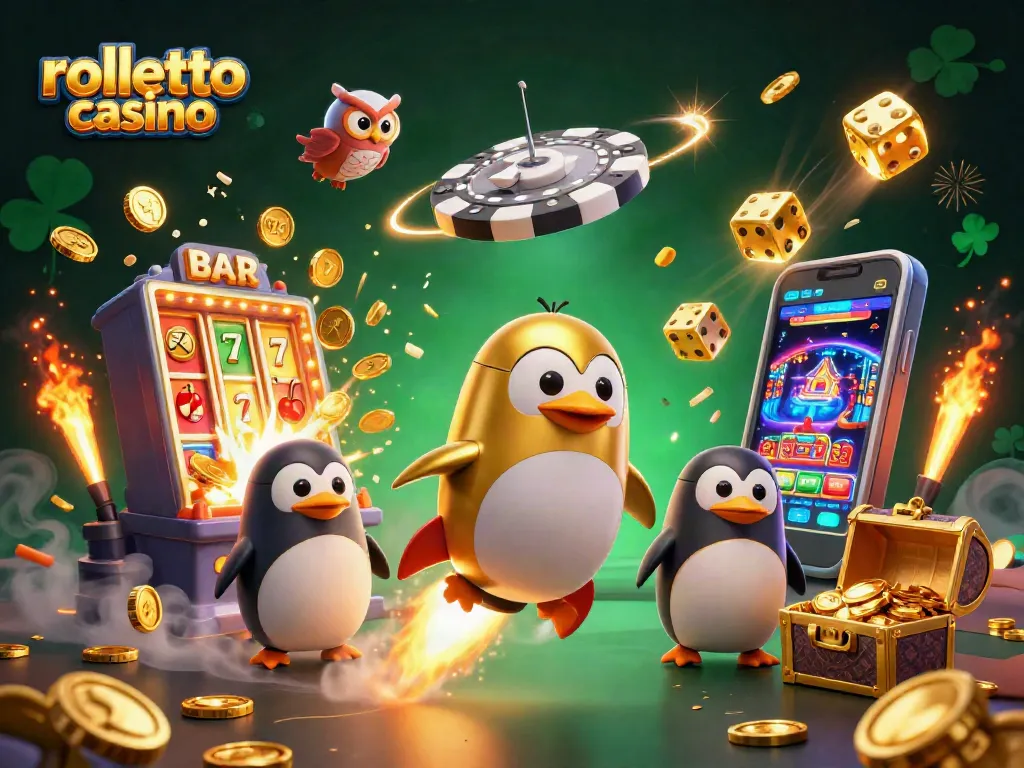 Experience excitement at rolletto casino with a dynamic 3D illustration featuring thrilling games and vibrant visuals.
