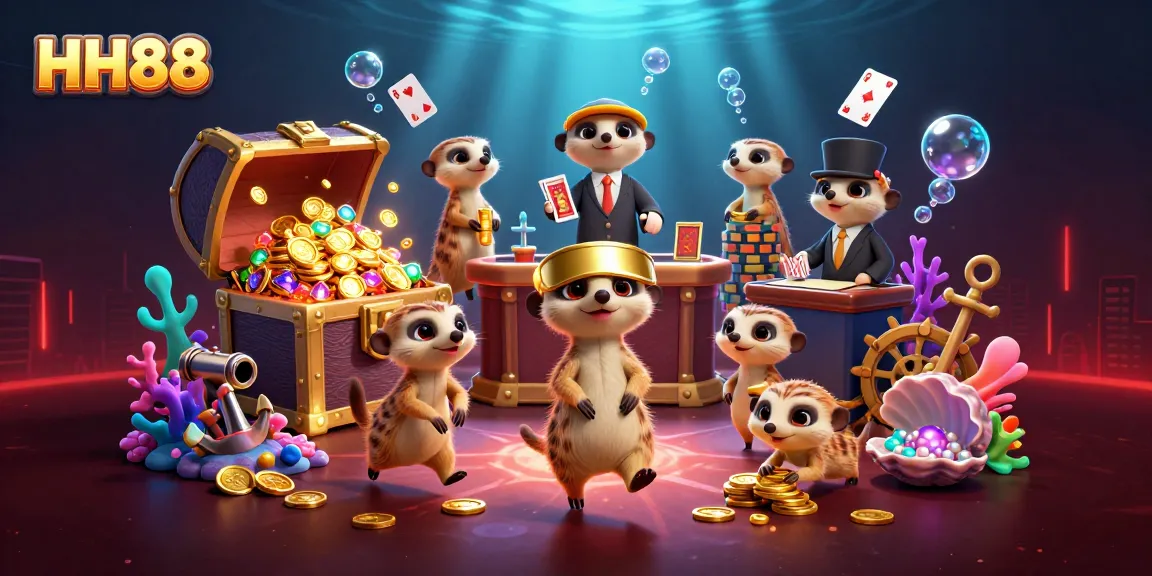 Experience gaming excitement at HH88 with meerkats managing a vibrant casino in an underwater paradise.