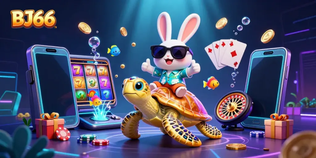 Engage with BJ66's vibrant casino universe featuring a lucky rabbit and golden sea turtle celebrating wins among casino elements.
