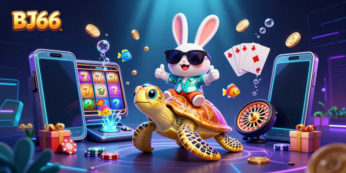 Engage with BJ66's vibrant casino universe featuring a lucky rabbit and golden sea turtle celebrating wins among casino elements.