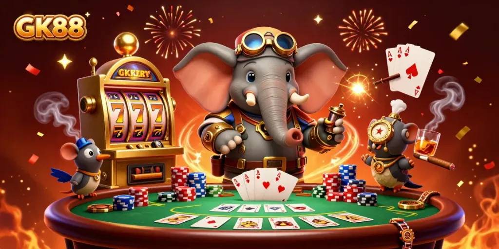 Experience GK88's dynamic 3D casino scene with steampunk elements, slot reels, and vibrant poker activity.