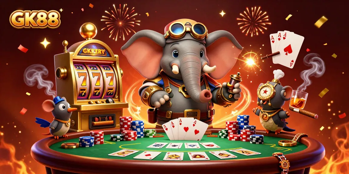Experience GK88's dynamic 3D casino scene with steampunk elements, slot reels, and vibrant poker activity.