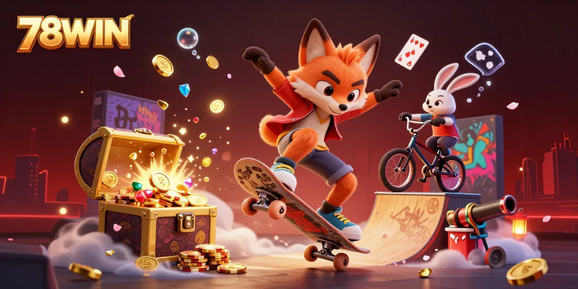 Experience the thrill of 78WIN with vibrant casino-themed 3D characters in a dynamic gaming scene.