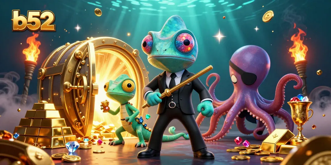 Catch big wins at b52 with vibrant 3D casino illustration featuring secret agent chameleon and precious treasures.