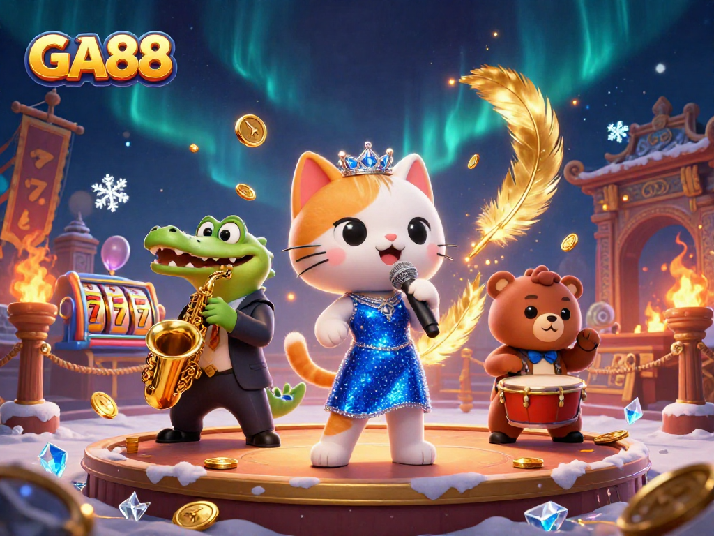 Engage with GA88's vibrant casino scene featuring a singing cat and musical companions.
