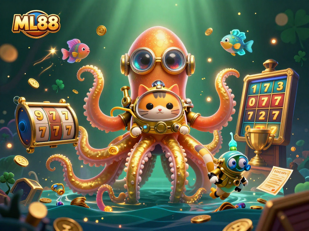 Experience thrilling jackpots at ML88 with a colossal kraken and diving cat in this vibrant casino adventure.