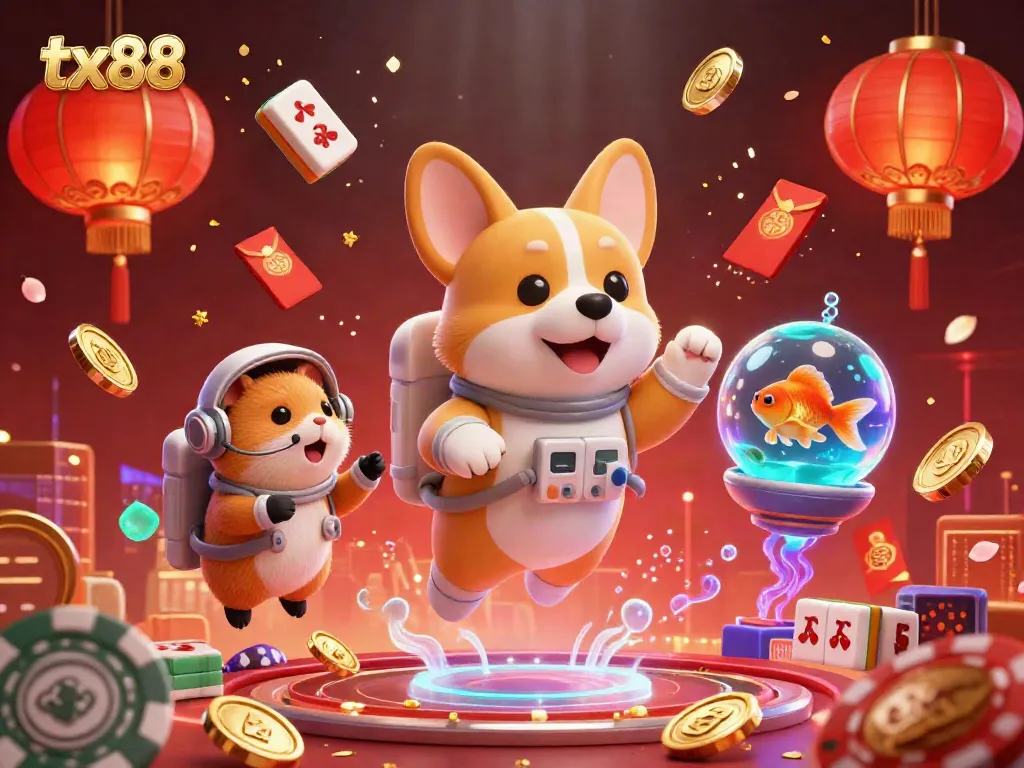 Experience tx88 with thrilling casino action featuring a corgi and a hamster in a vibrant gambling scene.