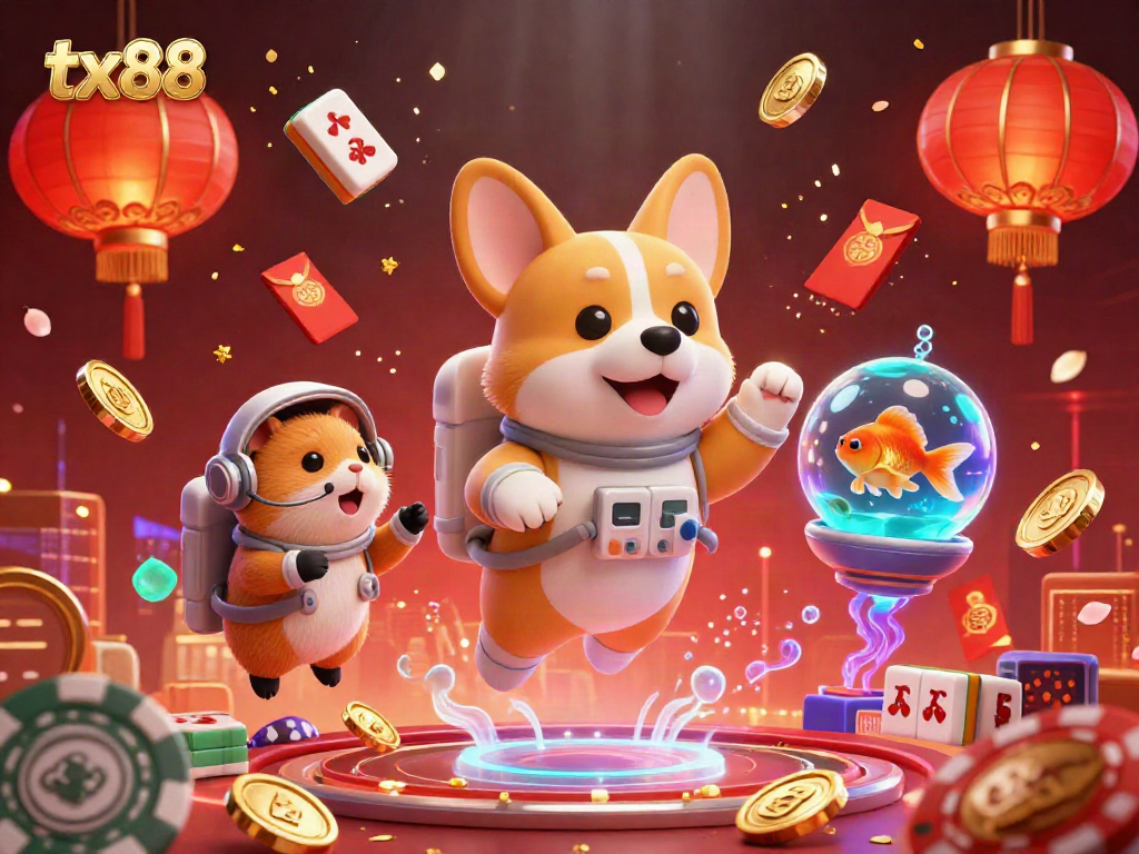 Experience tx88 with thrilling casino action featuring a corgi and a hamster in a vibrant gambling scene.