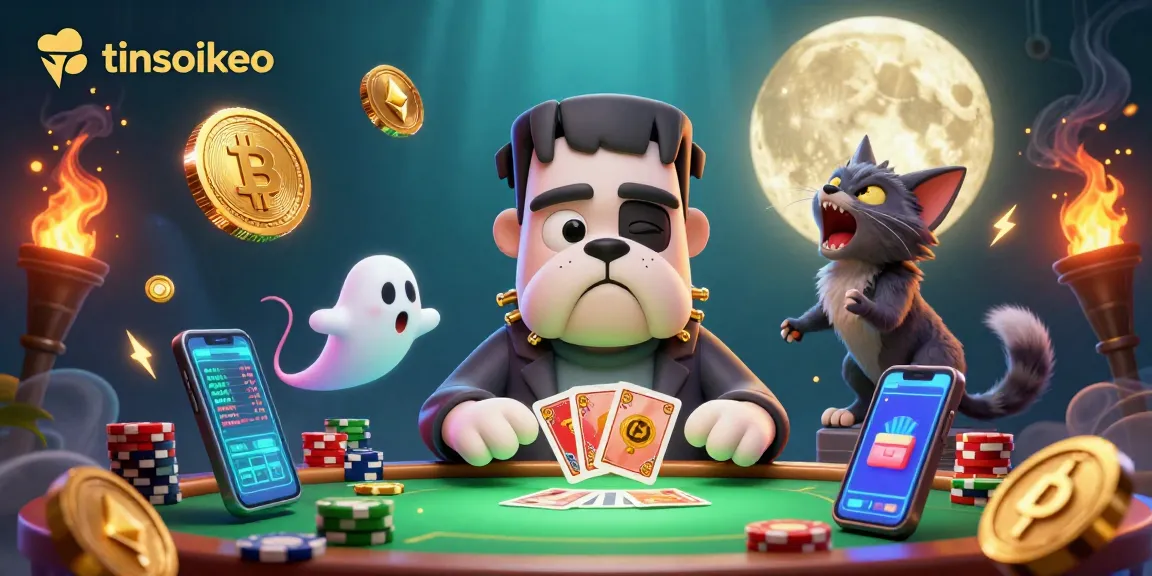 Engage in thrilling gameplay with tinsoikeo as a Frankenstein bulldog monster deals cards at a spooky casino table.