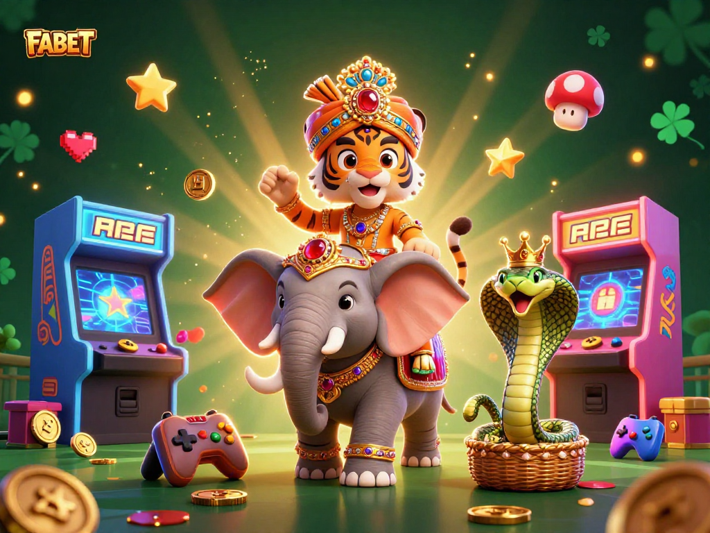 Experience FABET's vibrant gaming world with a tiger, elephant, and cobra amidst glowing slot machines.