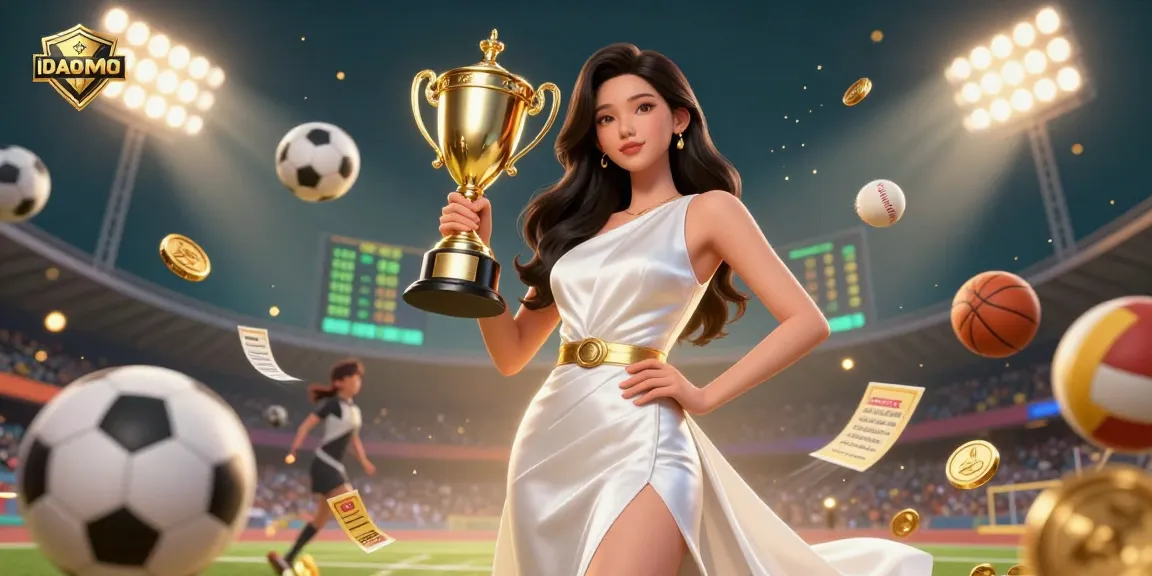DAOMO showcases an Asian woman triumphant in sports betting, surrounded by dynamic sports elements.