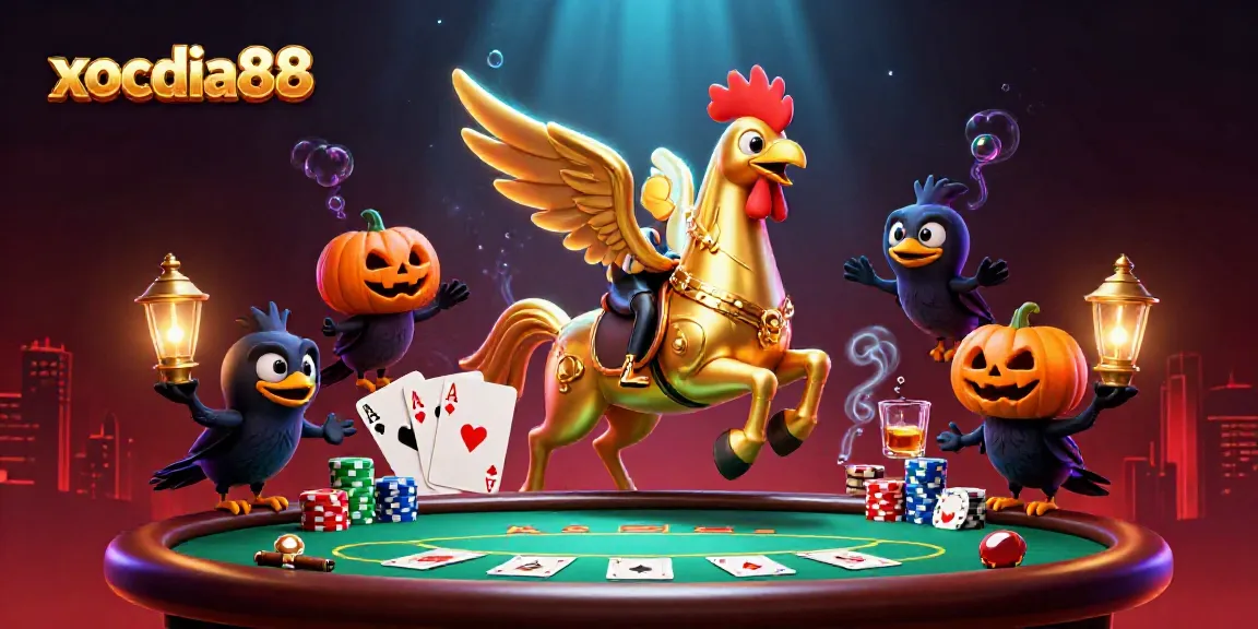 Xocdia88's thrilling casino scene with vibrant characters and poker elements in a magical atmosphere.